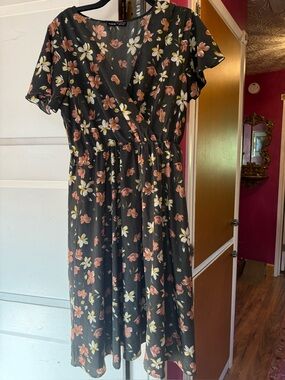 Floral Wrap Midi Dress in Black by Unknown Brand